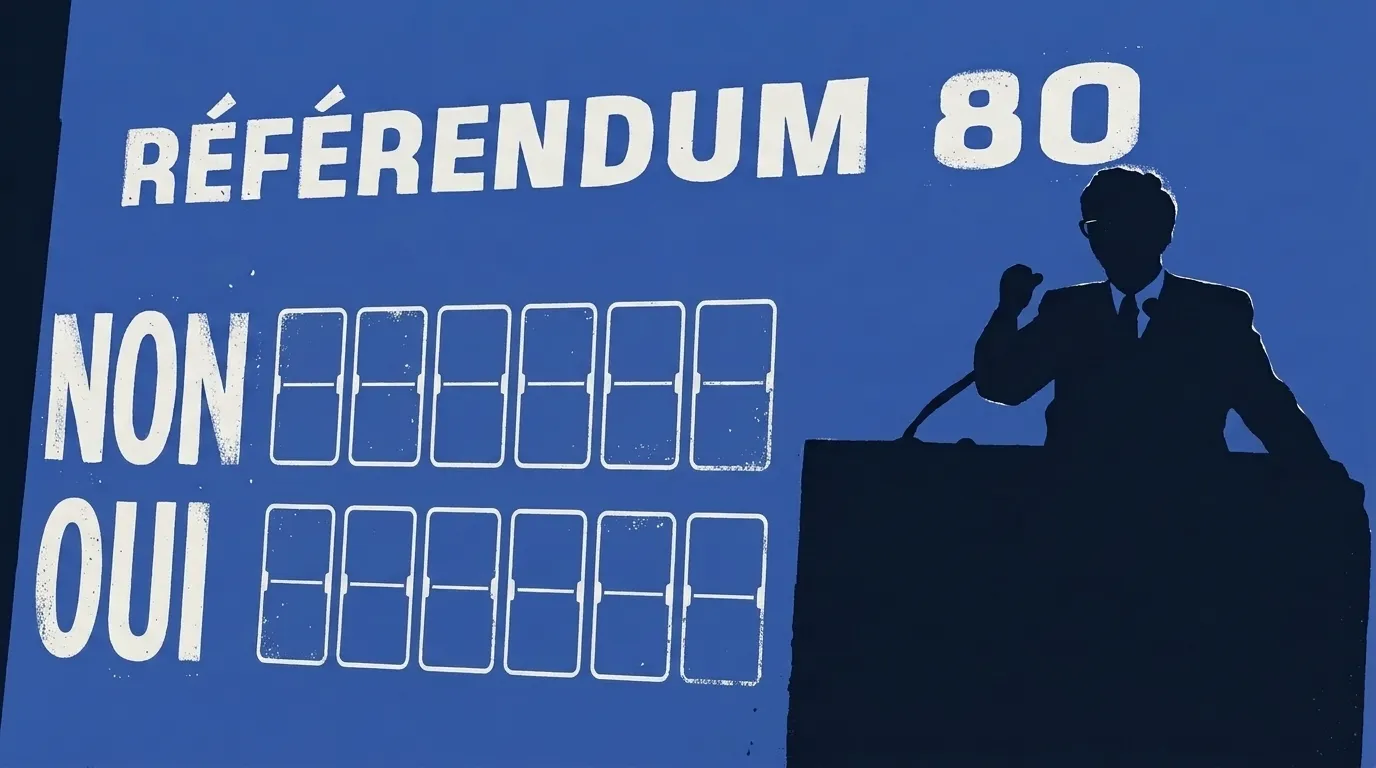 Un orateur à la tribune devant le tableau des résultats « Référendum 80 », avec une ligne du Non au-dessus d’une ligne du Oui.