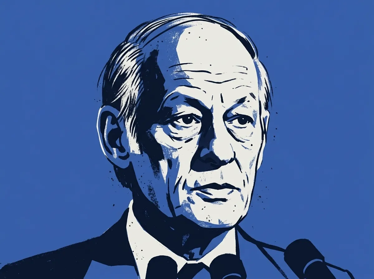 René Lévesque parle devant une rangée de micros.