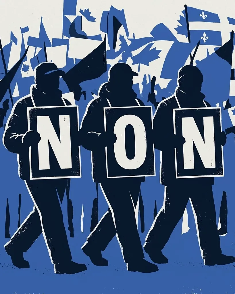 Trois partisans du Non marchent au pas à un rassemblement, chacun tenant une pancarte portant une lettre du mot « Non ».