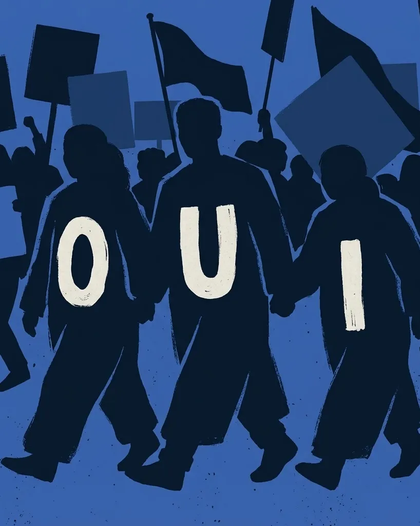 Des partisans du Oui défilent dans une rue de Montréal en 1995, trois d’entre eux déguisés en lettres du mot « Oui ».